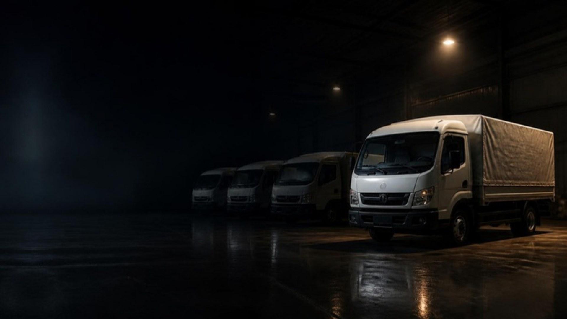 Beleuchtetes Transportfahrzeug in einer dunklen Industriehalle (Symbolbild)