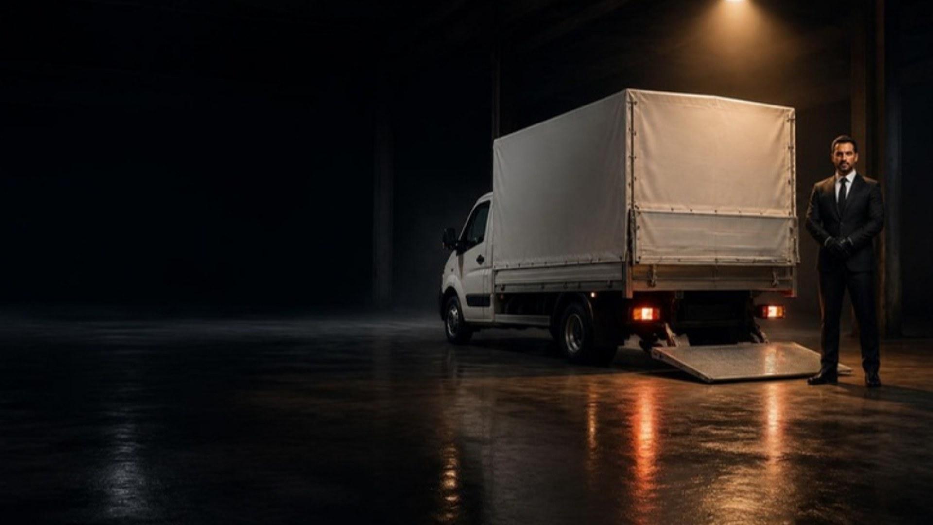 Weißer 3,5-t-Planentransporter mit abgesenkter Hebebühne in einer dunklen Industriehalle, daneben ein Fahrer im schwarzen Anzug (Symbolbild)